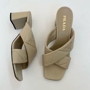 Prada Beige pebbled leather quilted criss cross 65mm block heel mules EU 40
